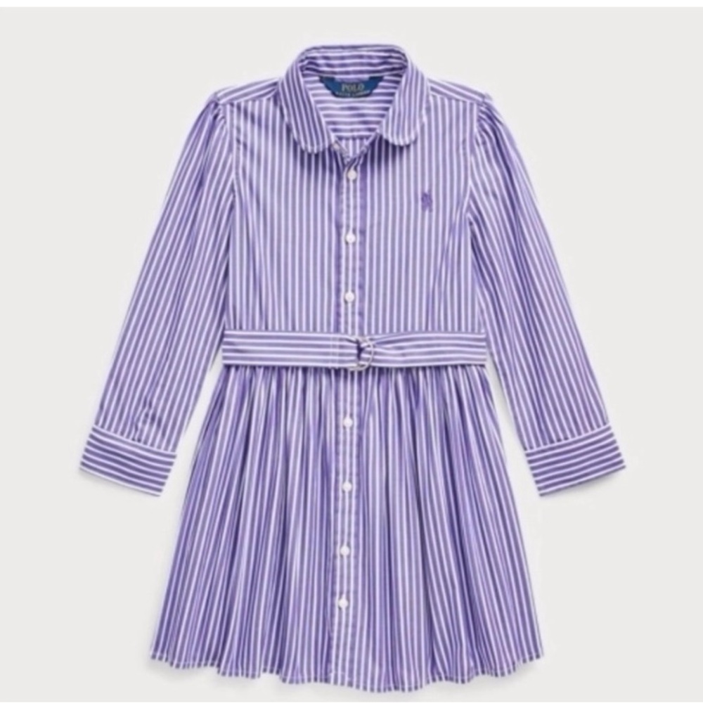 Purple and White Belted Striped Cotton Shirtdress Size 5